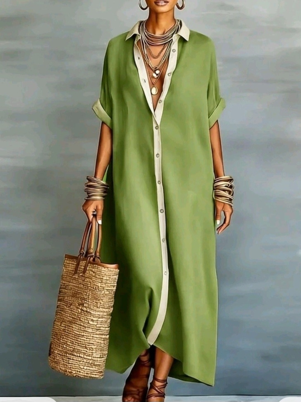 Green Button-Front Maxi Shirt Dress with Contrast Trim